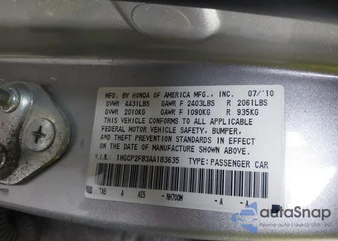 2010 Honda Accord 2.4 Ex-L from USA, damaged, VIN 1HGCP2F83AA183635